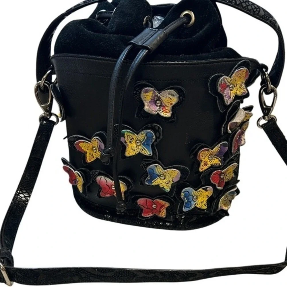 Sharif 1827 Black Leather Suede Butterfly Bucket Bag Crossbody New York Design
